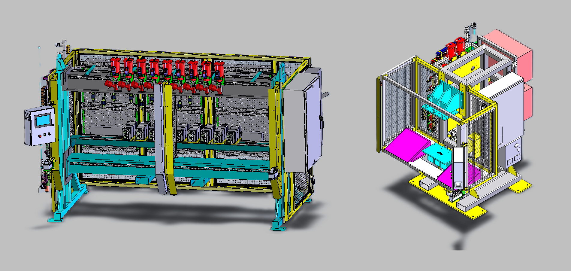 A-frame and C-frame weld cell CAD renderings arranged side by side.