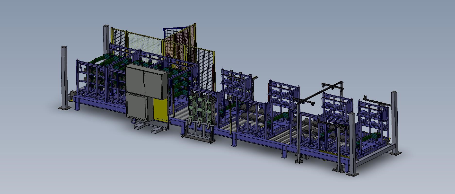 CAD rendering of an automated conveyor and assembly system.