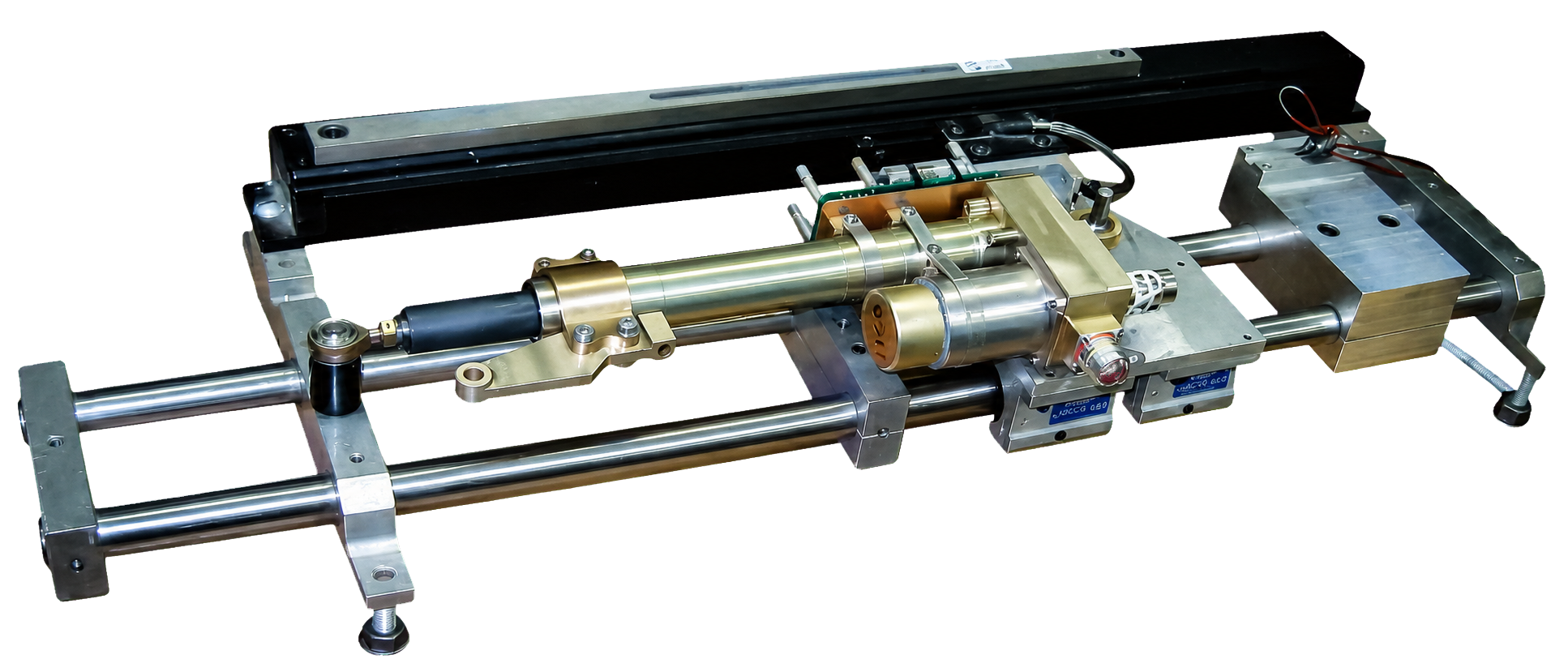 Prototype steel fixture on a clean white background, including the complete rear linear rail and parallel guide rods.