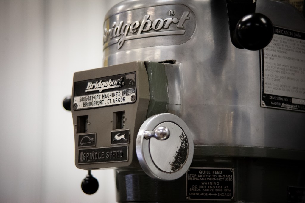 Close-up of a Bridgeport manual milling machine.