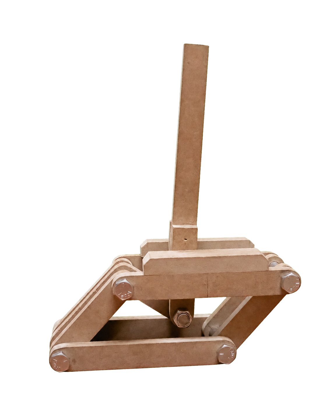 Prototype clamping device with articulated linkages and an upright locating bar.