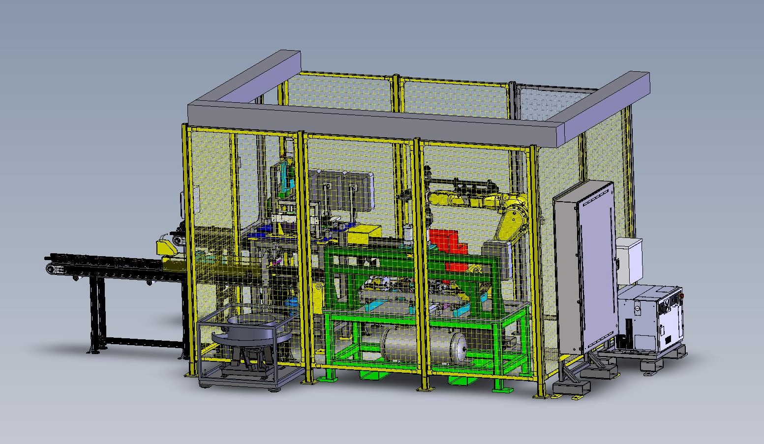 CAD rendering of a guarded robotic production cell.